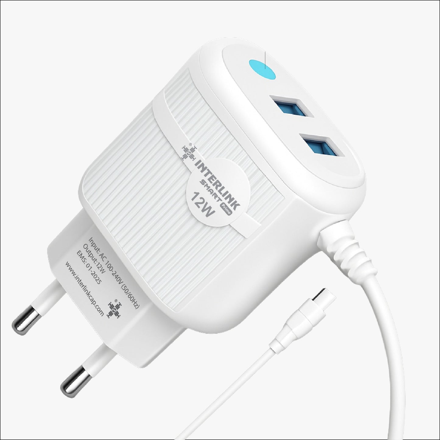 SMART PRIME 12W Charger – Dual USB ports with Type C fixed cable