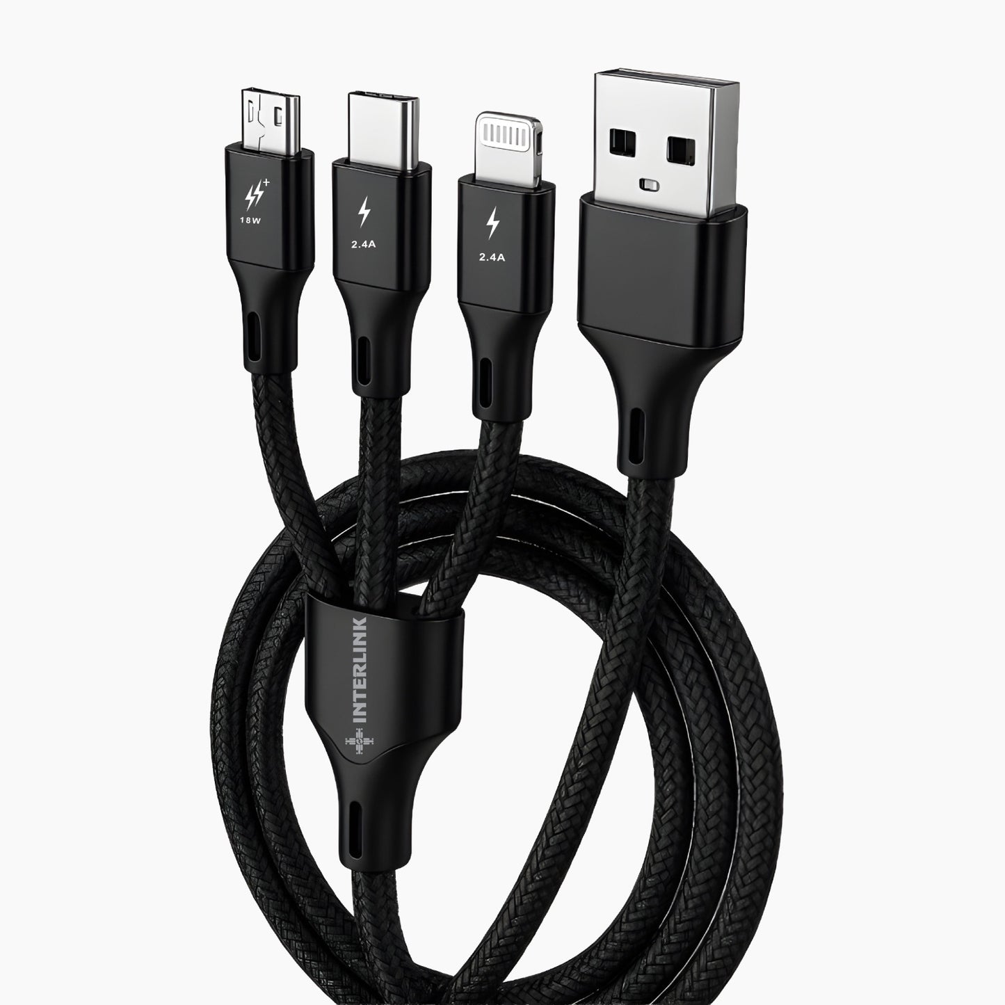 POWERLINE 3-in-1 Fast Charging Cable – 2.4A Multi Connector Cable for iPhone, Type-C & Micro USB