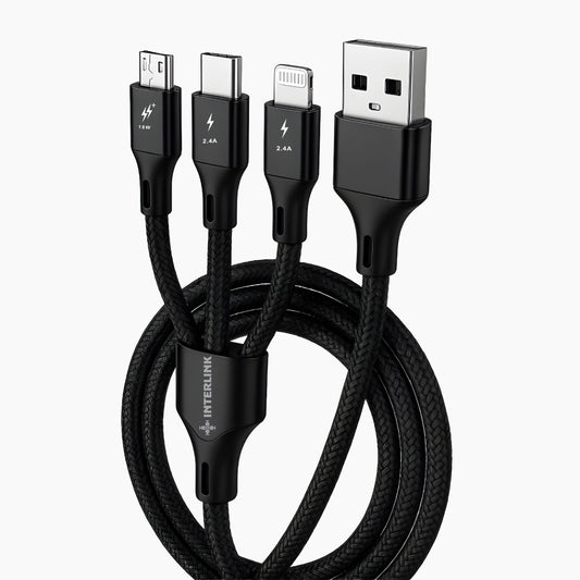 POWERLINE 3-in-1 Fast Charging Cable – 2.4A Multi Connector Cable for iPhone, Type-C & Micro USB