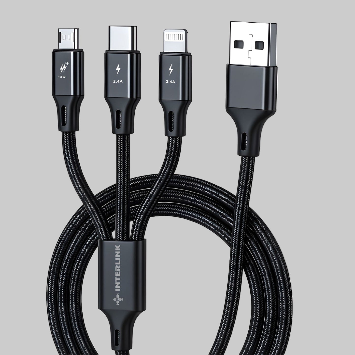 POWERLINE 3-in-1 Fast Charging Cable – 2.4A Multi Connector Cable for iPhone, Type-C & Micro USB