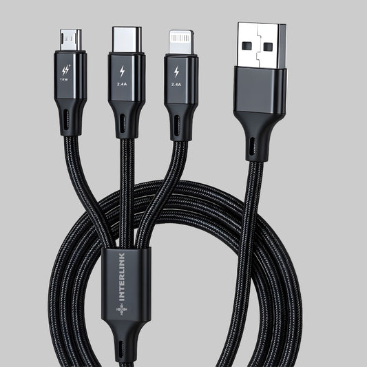 POWERLINE 3-in-1 Fast Charging Cable – 2.4A Multi Connector Cable for iPhone, Type-C & Micro USB