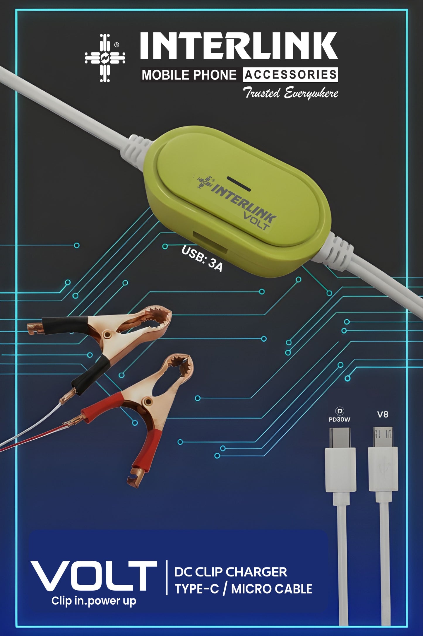 VOLT 30W Clamp Charger | PD Support, 3.0A & Dual USB (Type-C + Micro)