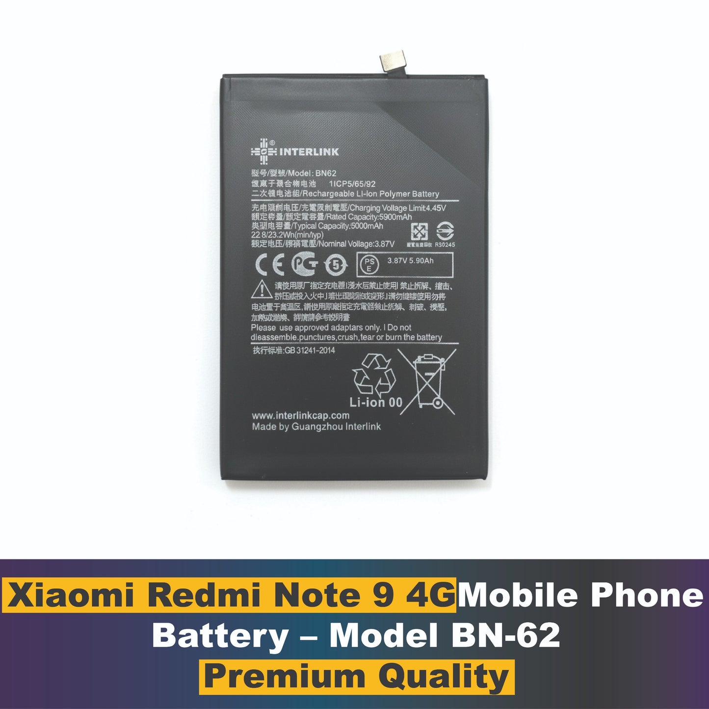 Xiaomi Redmi Note 9 4G Battery BN62 Original 5020mAh Replacement Pakistan