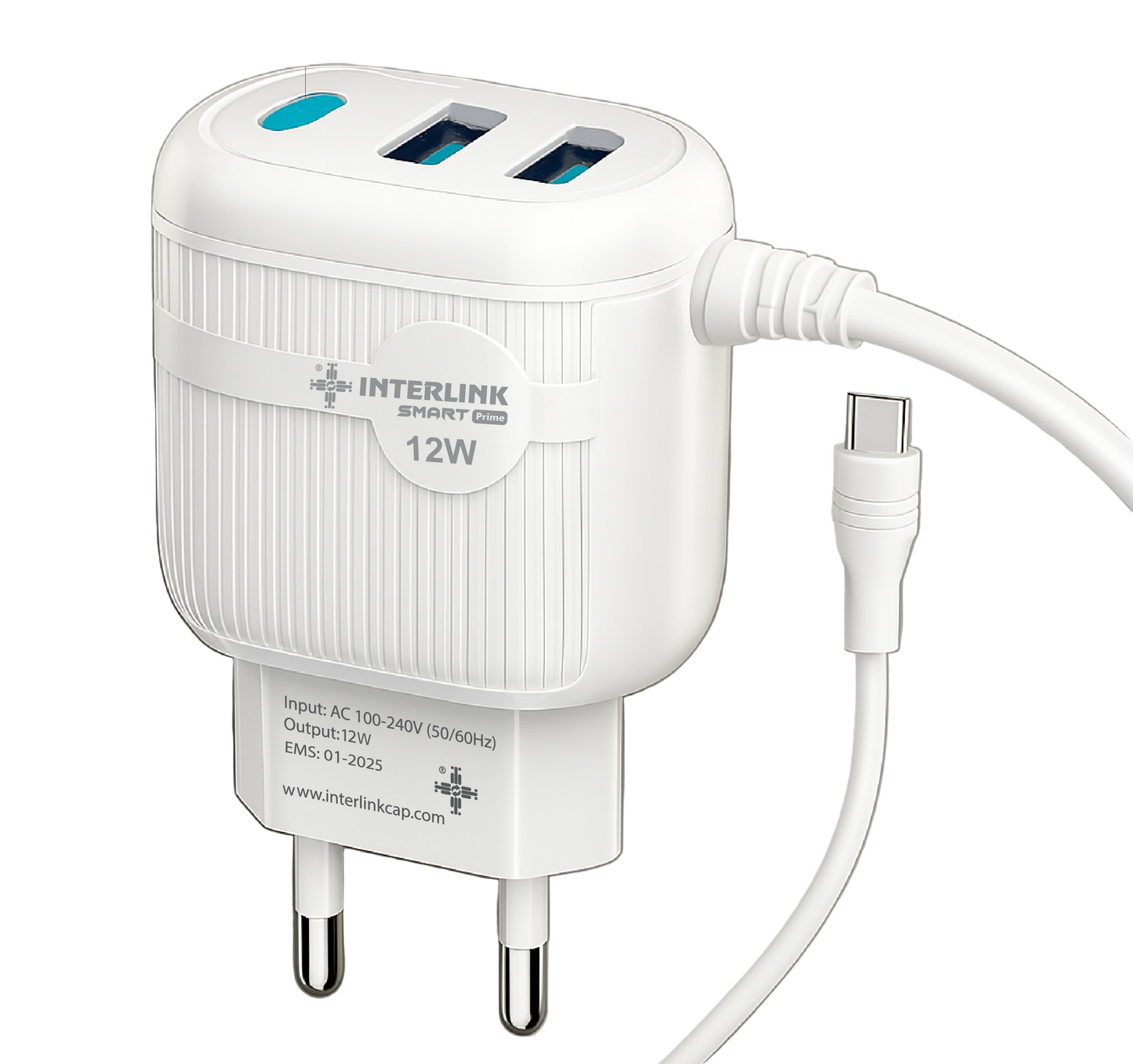 SMART PRIME 12W Charger – Dual USB ports with Type C fixed cable
