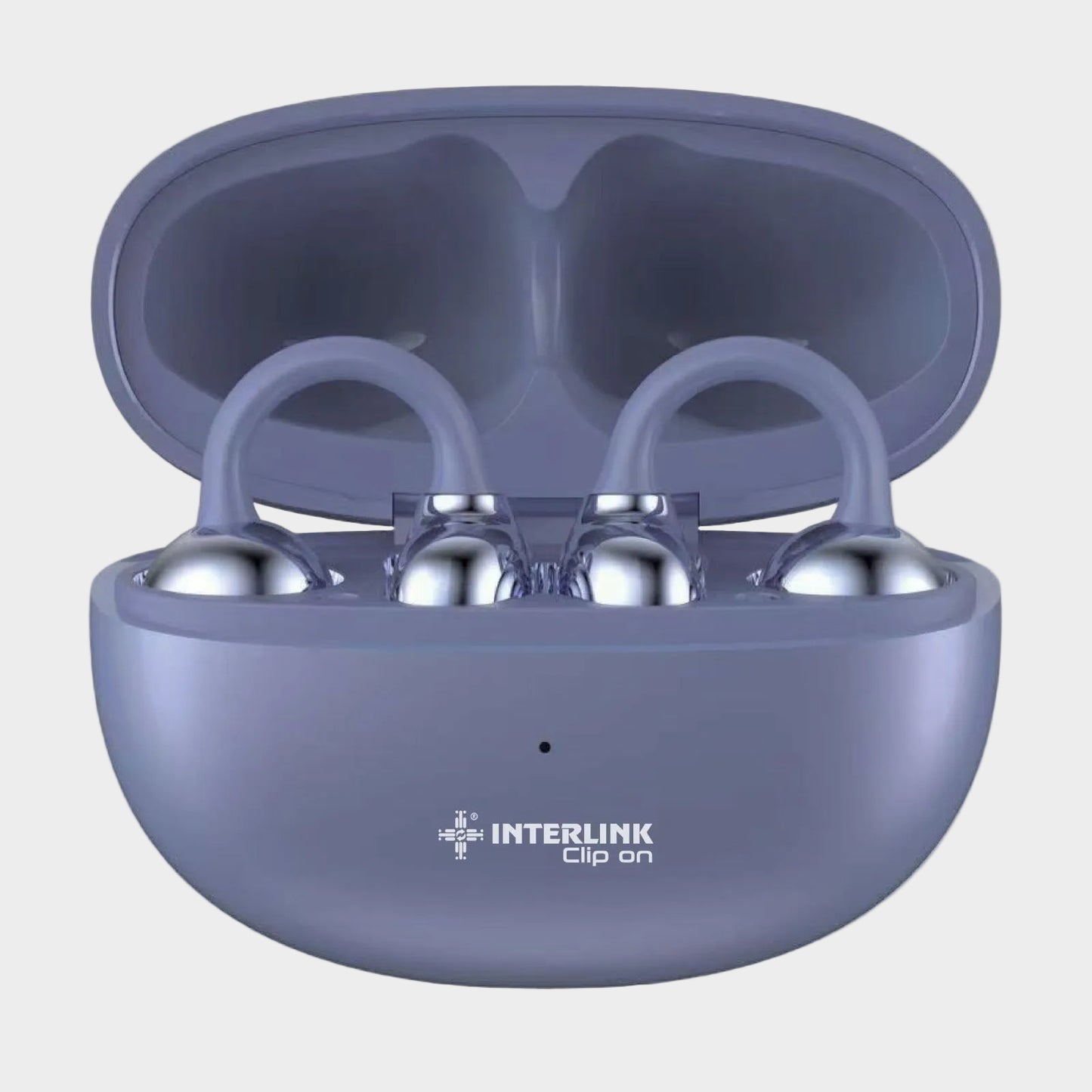 Interlink clip-on open ear wireless earbuds with charging case