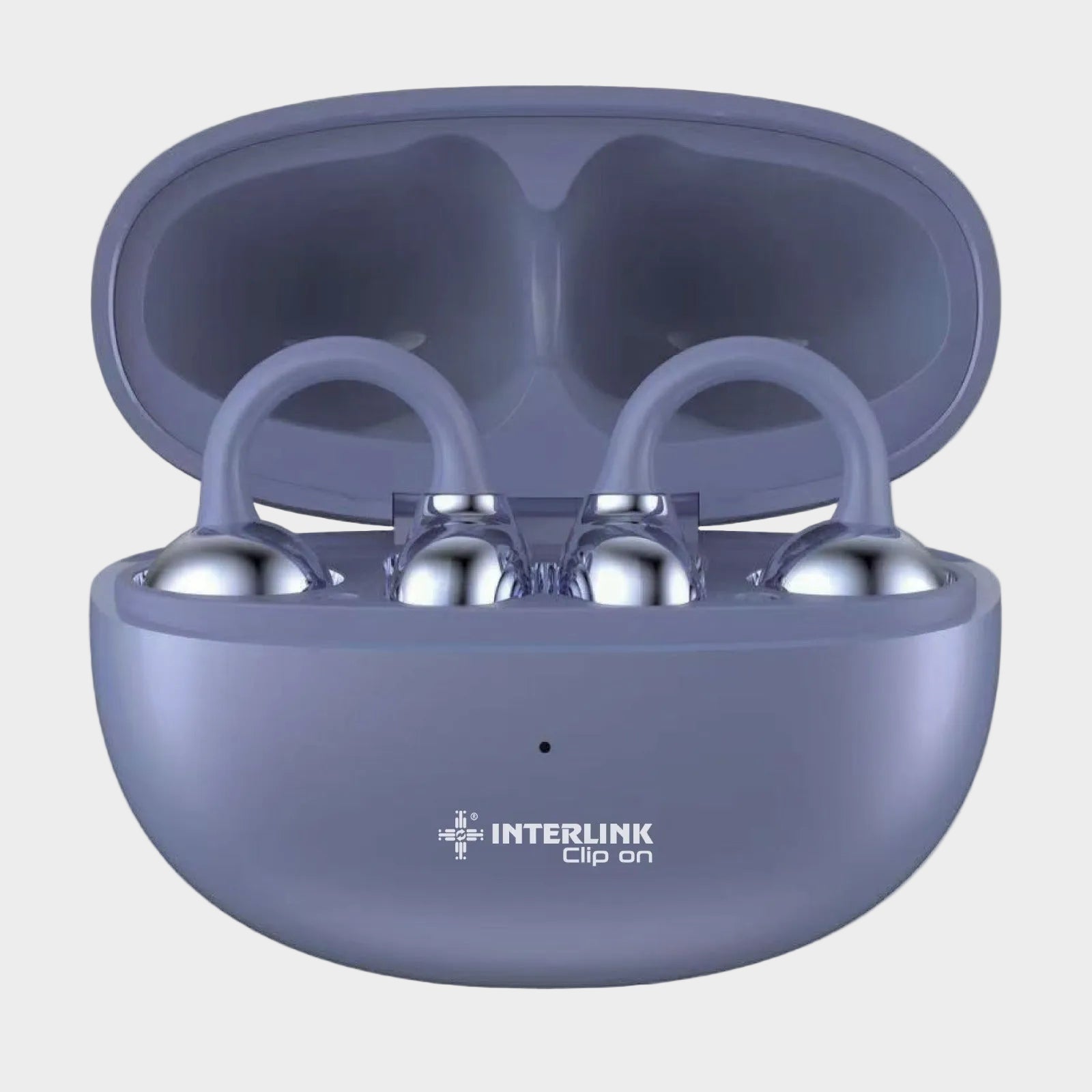 Interlink clip-on open ear wireless earbuds with charging case