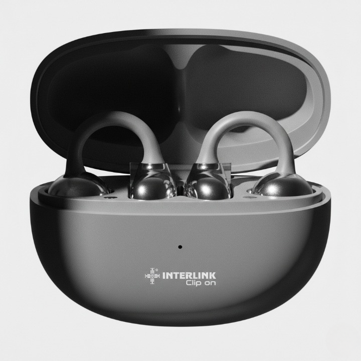 Interlink clip-on open ear wireless earbuds with charging case