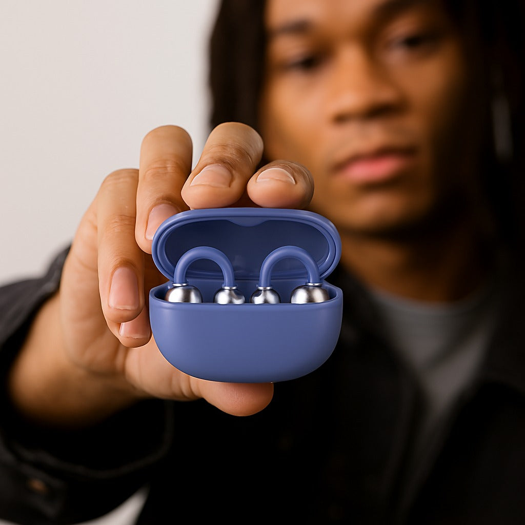 Interlink clip-on open ear wireless earbuds with charging case