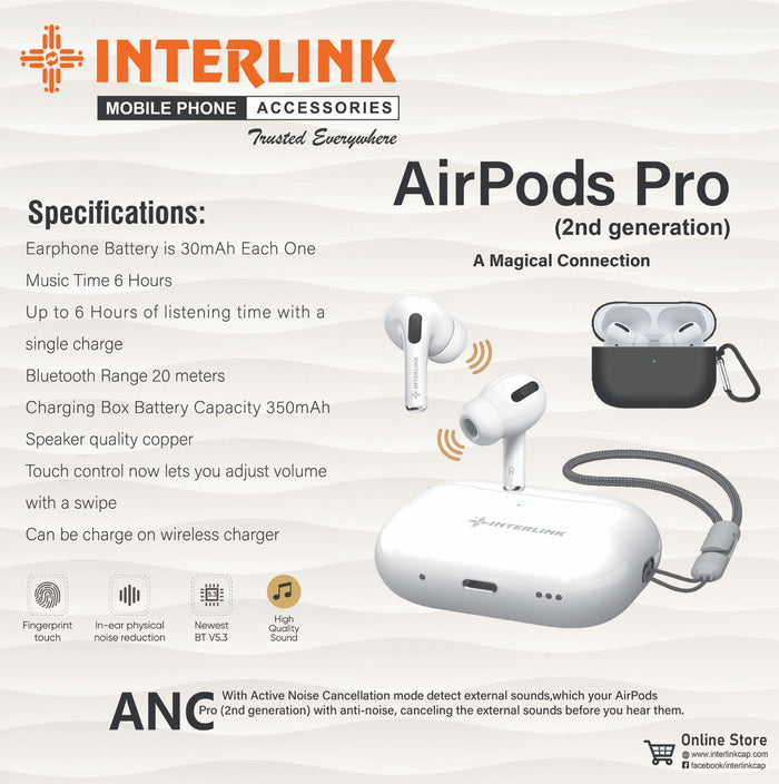 Interlink AirPods Pro 2nd Gen ANC Earbuds Wireless Earbuds Pakistan