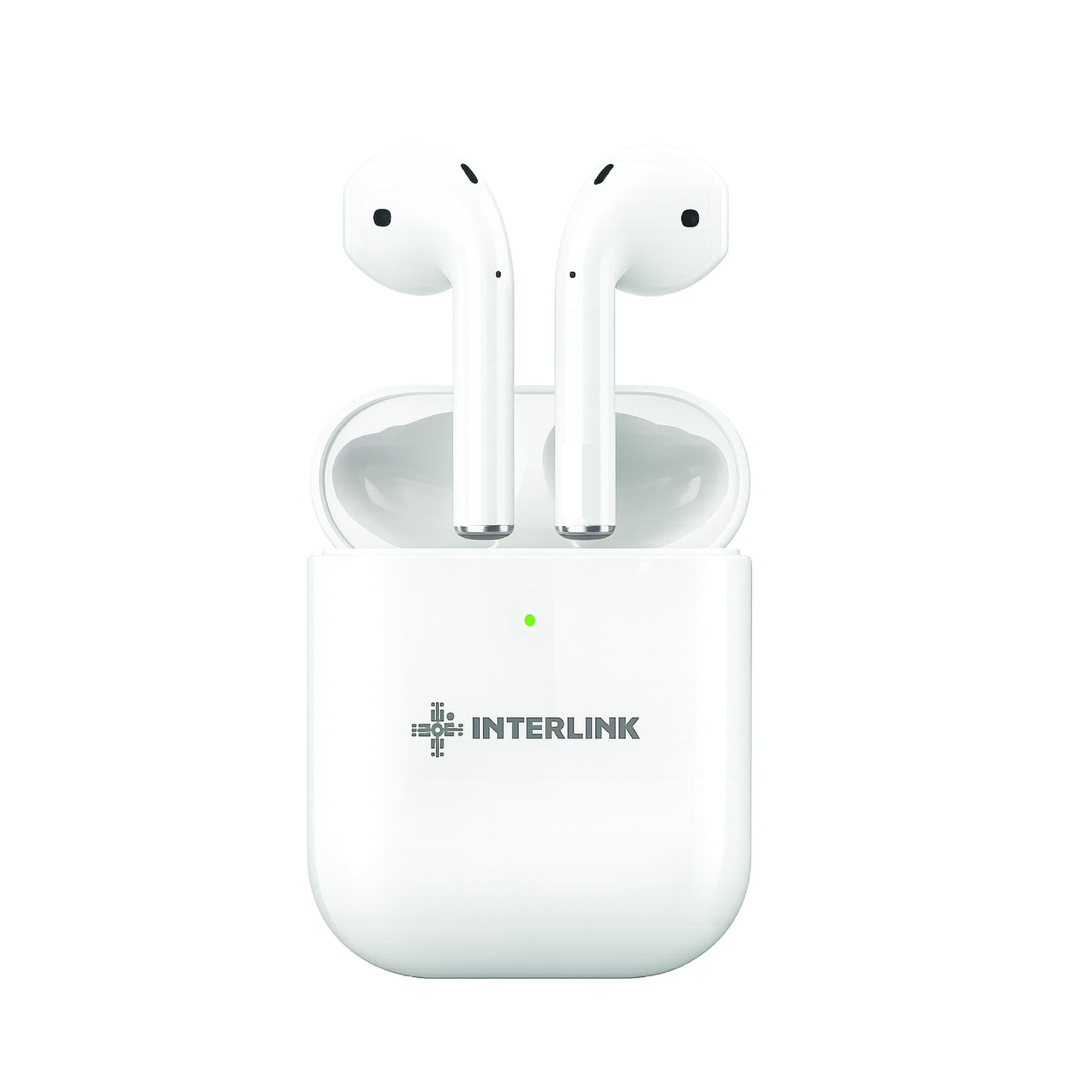 Airpod 1st gen White wireless earbuds with charging case on a white background, featuring the Interlink brand.
