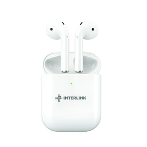 Airpod 1st gen White wireless earbuds with charging case on a white background, featuring the Interlink brand.