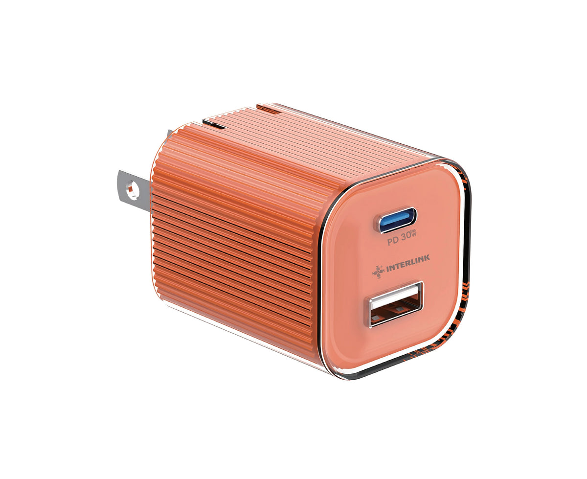 Interlink Shine 30W GaN PD Adapter with USB-C and USB-A Ports and Foldable Plug