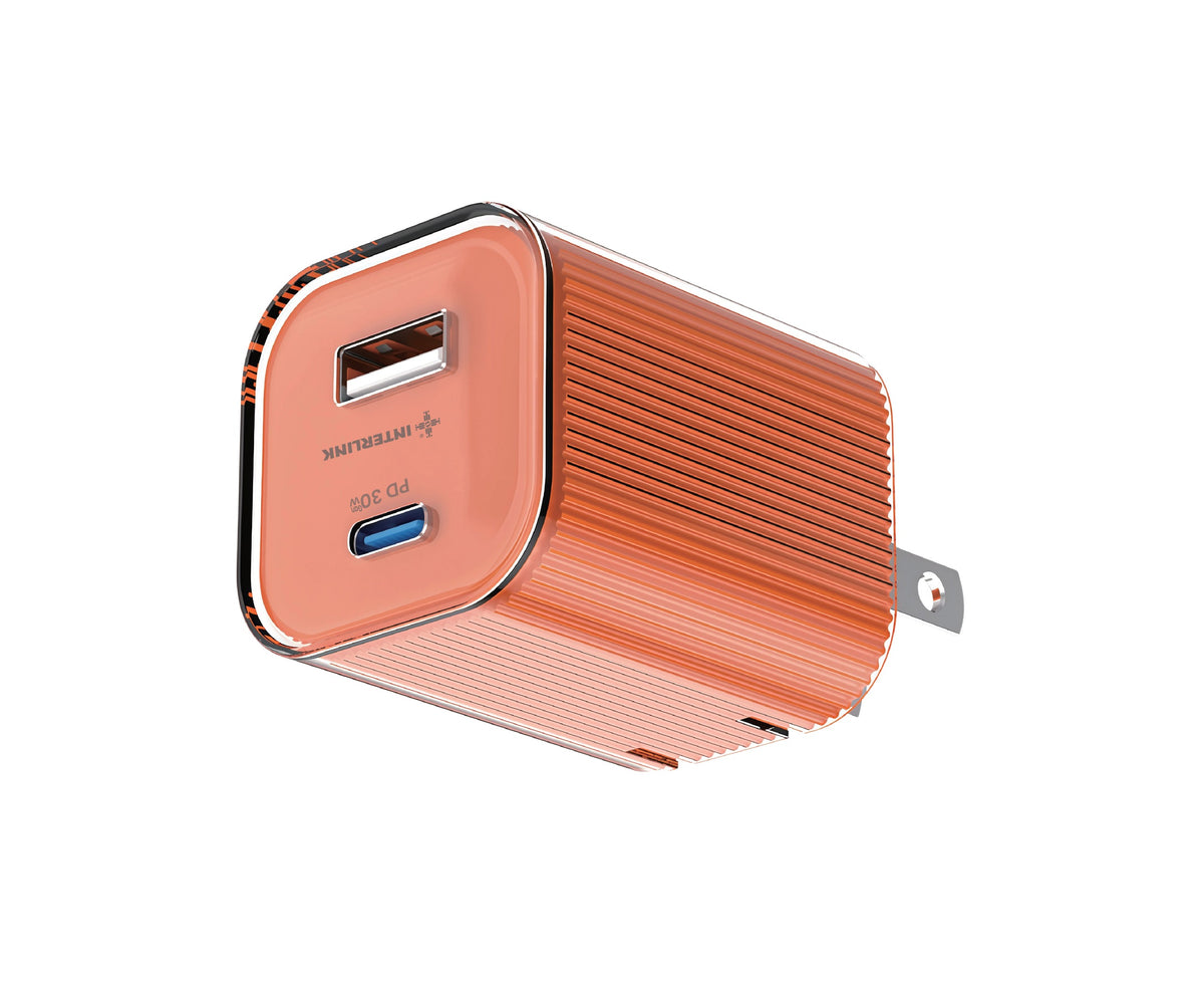 Interlink Shine 30W GaN PD Adapter with USB-C and USB-A Ports and Foldable Plug