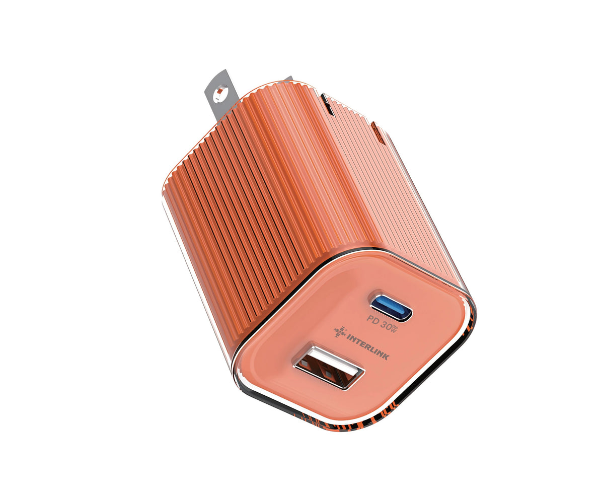 Interlink Shine 30W GaN PD Adapter with USB-C and USB-A Ports and Foldable Plug