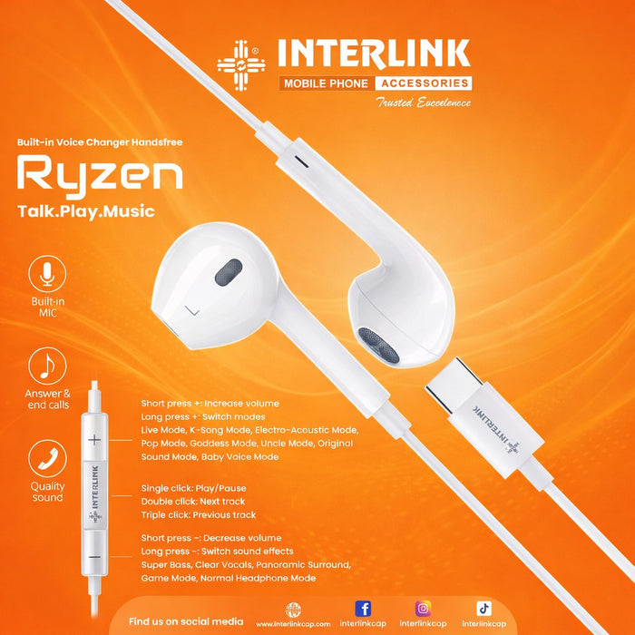 Ryzen Elite Type C VoiceChanger Handsfree ANC ENC Earphones Pakistan