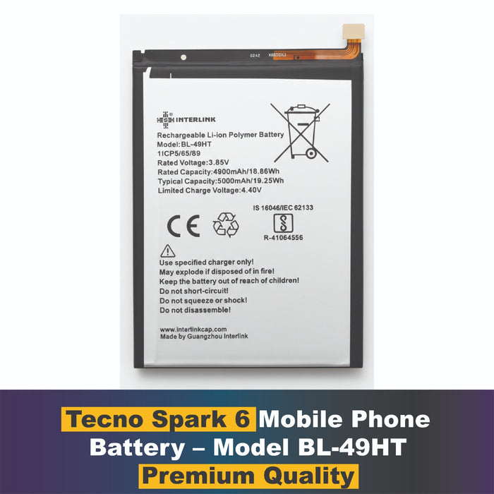 Tecno Spark 6 Go Battery –Model 49HT A grade Cell Battery