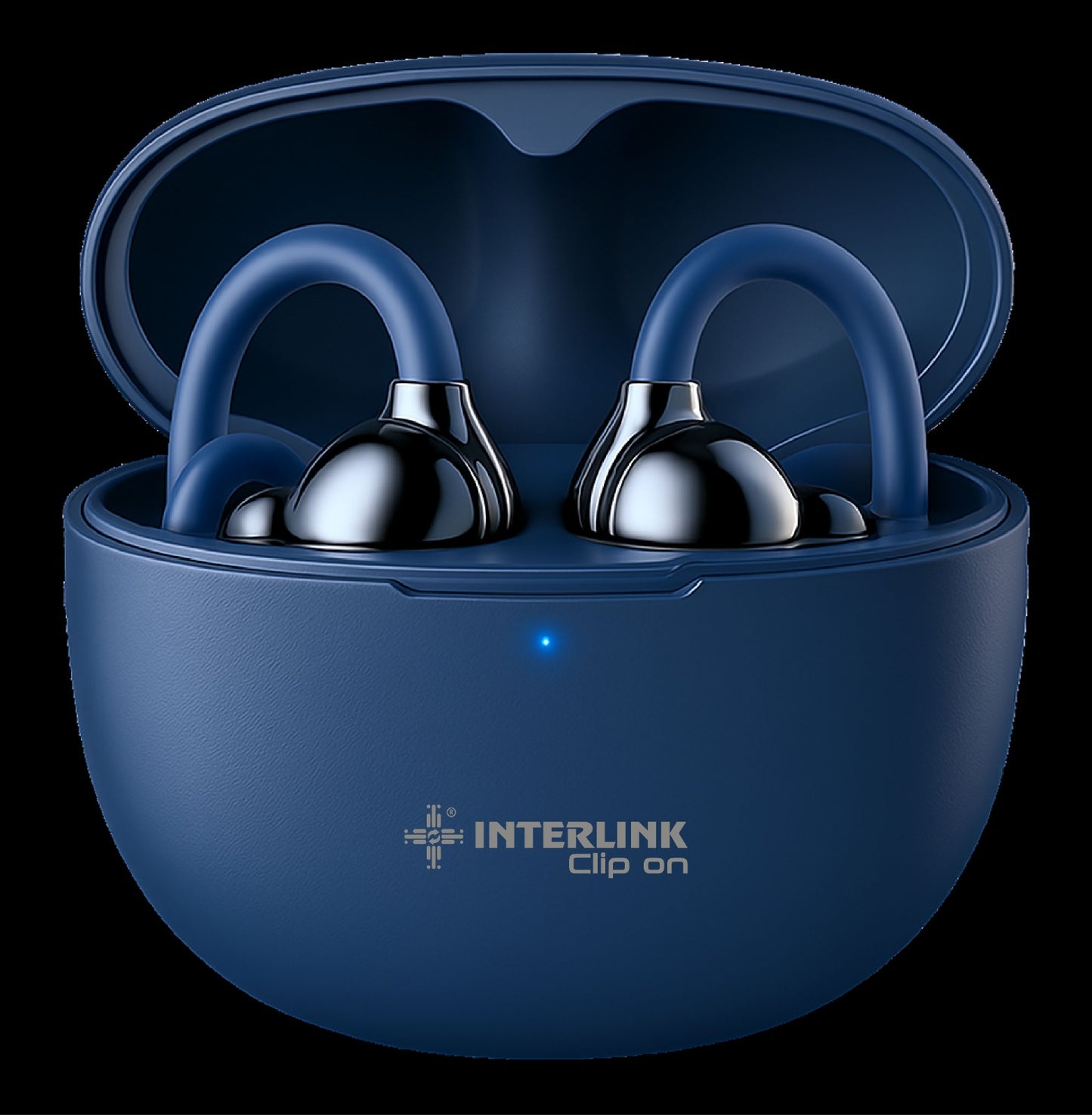 Interlink clip-on open ear wireless earbuds with charging case