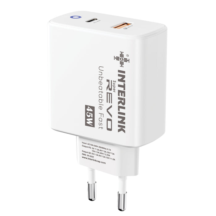 Interlink REVO 45W Fast Charger — Dual USB-C & USB-A | Buy Online Pakistan