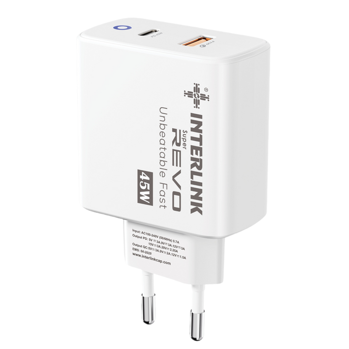Interlink REVO 45W Fast Charger — Dual USB-C & USB-A | Buy Online Pakistan