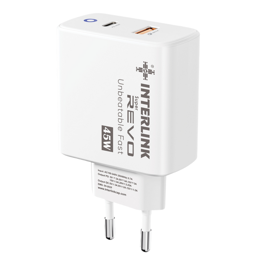 Interlink REVO 45W Fast Charger — Dual USB-C & USB-A | Buy Online Pakistan